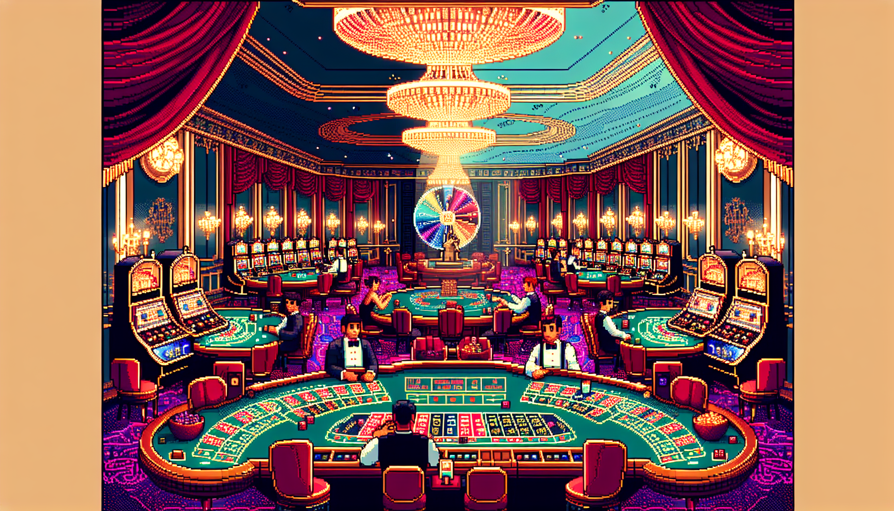 Create an image capturing the essence of The Gaming Experience at Casino Classic: Classic Games with a Modern Twist. The scene features a luxurious, vintage-style casino room with richly adorned interiors that include velvet drapes and golden chandeliers. The room is animated with various classic casino games like roulette, blackjack tables, and a row of retro-designed slot machines. Modern touches are subtly integrated, such as holographic displays showing digital enhancements and interactive elements on the gambling tables. In one corner, an exclusive game that combines augmented reality with classic poker captures the attention of players gathered around. This blend of tradition and innovation encapsulates the unique appeal of Casino Classic.