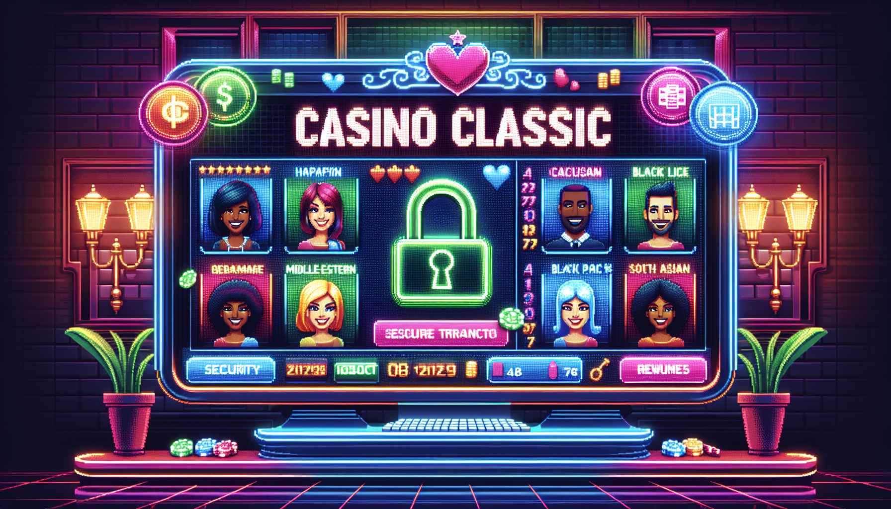 Create an image depicting a sleek, sophisticated online casino interface labeled Casino Classic on a high-resolution digital screen. Highlight elements of security, such as padlocks and secure transaction icons floating around the screen, symbolizing trust and reliability. Showcase vibrant promotional banners offering bonuses and rewards, attracting players