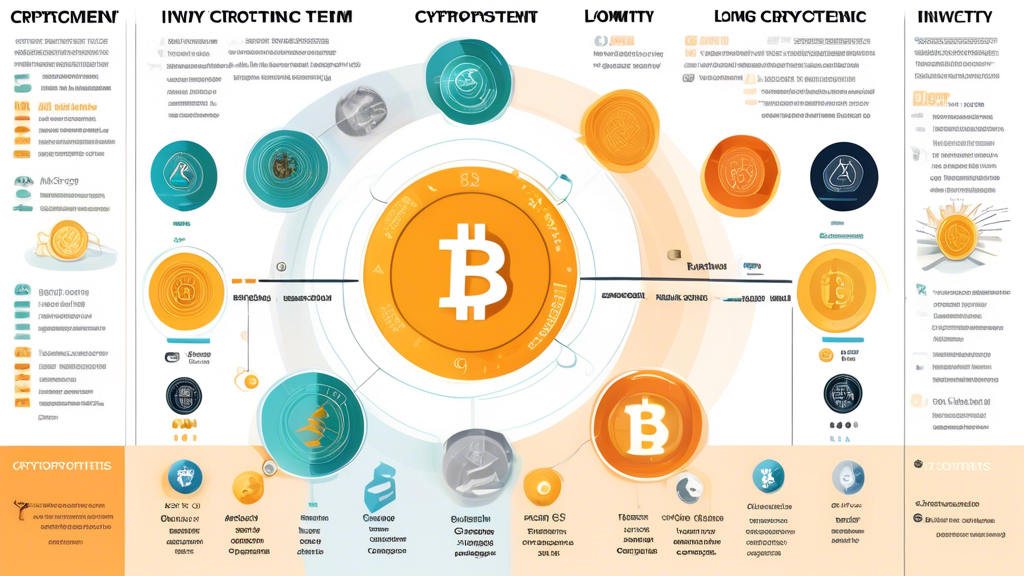 An infographic illustrating various cryptocurrency investment strategies, featuring a split design showing 