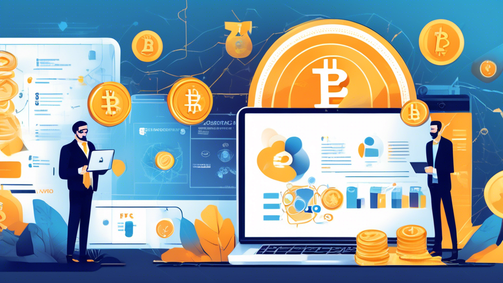 Create an informative and visually engaging illustration that depicts best practices for safe and profitable cryptocurrency investments. Include elements such as a secure digital wallet, a person analyzing market trends on a laptop, and diverse cryptocurrency coins to symbolize asset protection. Incorporate visuals representing security measures like two-factor authentication and educational resources, while also including warning signs for scams. The background should reflect a modern, tech-savvy atmosphere to evoke the essence of cryptocurrency trading.