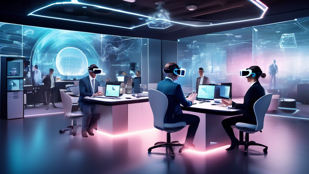 Create an image depicting a futuristic office environment where virtual reality technology enhances business operations. In the scene, employees are using VR headsets to participate in immersive training sessions, conduct virtual product demonstrations, and engage in interactive meetings with remote colleagues. The office is filled with holographic displays illustrating data and 3D models, emphasizing the innovative transformation VR brings to the workplace. The setting should convey a seamless blend of virtual and physical elements, showcasing how VR is redefining business processes and enhancing customer engagement.