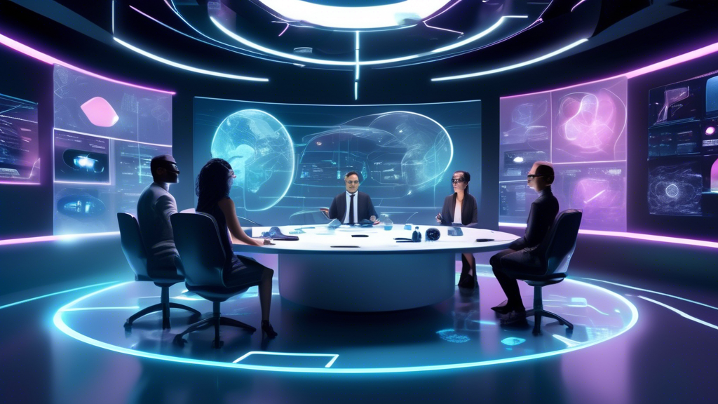 Create an image of a futuristic business meeting set in a fully immersive virtual reality environment. Participants, represented as avatars, are engaged in a dynamic collaboration, surrounded by holographic charts, graphs, and virtual prototypes of products. The setting is a sleek, hi-tech virtual conference room, showcasing a blend of real-world professionalism with futuristic, digital elements. The theme emphasizes the potential advancements and strategic planning required for businesses to adopt VR technology, reflecting the forward-thinking nature of future business practices.