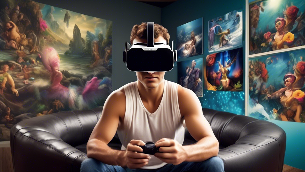 Create an image that illustrates the duality of using Oculus VR for adult entertainment, capturing both the benefits and drawbacks. On one side, depict a user experiencing a vibrant, lifelike virtual world that showcases personalization and enhanced privacy. The VR headset should be prominently displayed, surrounded by symbols of individuality and freedom. On the opposite side, portray concerns like a shadowed figure representing privacy issues and social implications, with abstract icons illustrating the need for high-quality content. The overall composition should visually balance the enticing allure of advanced VR technology with the potential concerns it brings.