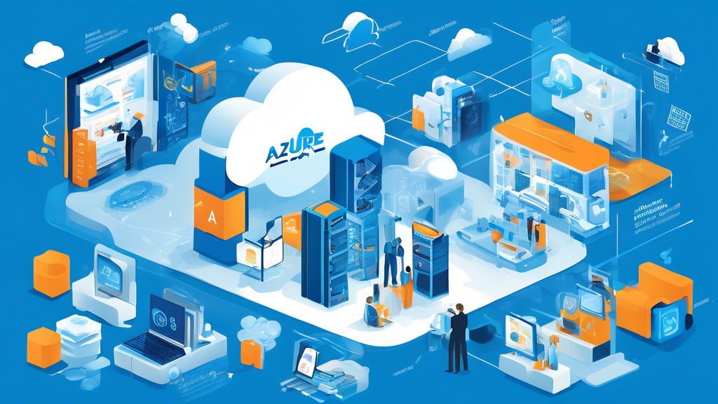 Create an informative and visually engaging illustration that highlights the top Azure Services for businesses. The image should feature a sleek, modern digital landscape, with icons or representations of key services such as Azure Virtual Machines, Azure App Services, Azure SQL Database, Azure Cosmos DB, Azure AI, and Azure Machine Learning. Each service should be depicted with related elements, like clouds for cloud computing, databases for data management, and neural networks for AI. The background should include a corporate environment, symbolizing business transformation through technology. Use a color palette that reflects the Azure branding, with blues and whites to evoke a sense of innovation and reliability.