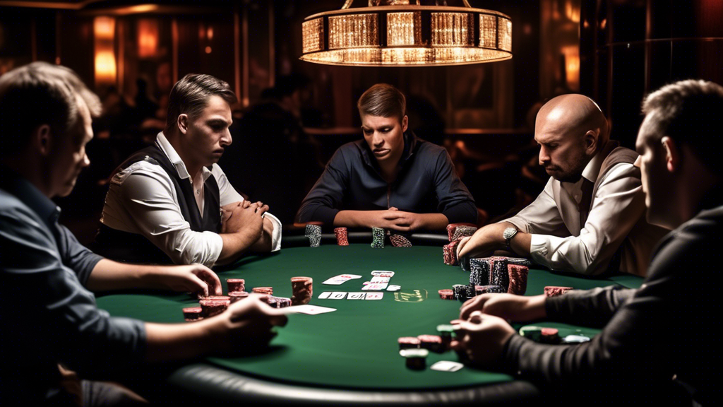 Create an image that captures the essence of live poker, focusing on the psychological aspects of developing a winning mindset. The scene should depict a tense poker table in a dimly lit casino, with players displaying various emotions. Include close-ups of their faces showing concentration, determination, and a hint of nervousness. One player should be strategically betting, while another attempts to read their opponent, showcasing the importance of psychological strategies in the game. The background should feature colorful poker chips and cards, enhancing the atmosphere of a high-stakes game.