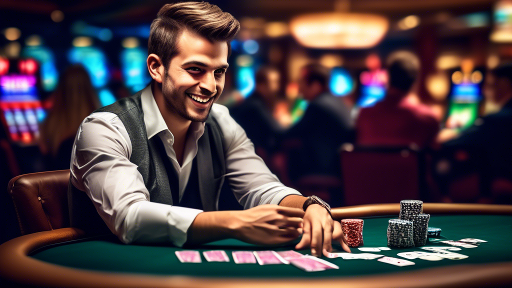 Create an image of an enthusiastic poker player at a well-lit, upscale casino table, engaging with other players, surrounded by colorful poker chips and cards. The setting should capture the excitement of a live poker game, emphasizing the interaction among players. In the background, include a chalkboard with strategic notes on bankroll management and practice tips for novice players. The atmosphere should convey an inviting but competitive spirit, attracting newcomers to the art of live poker.