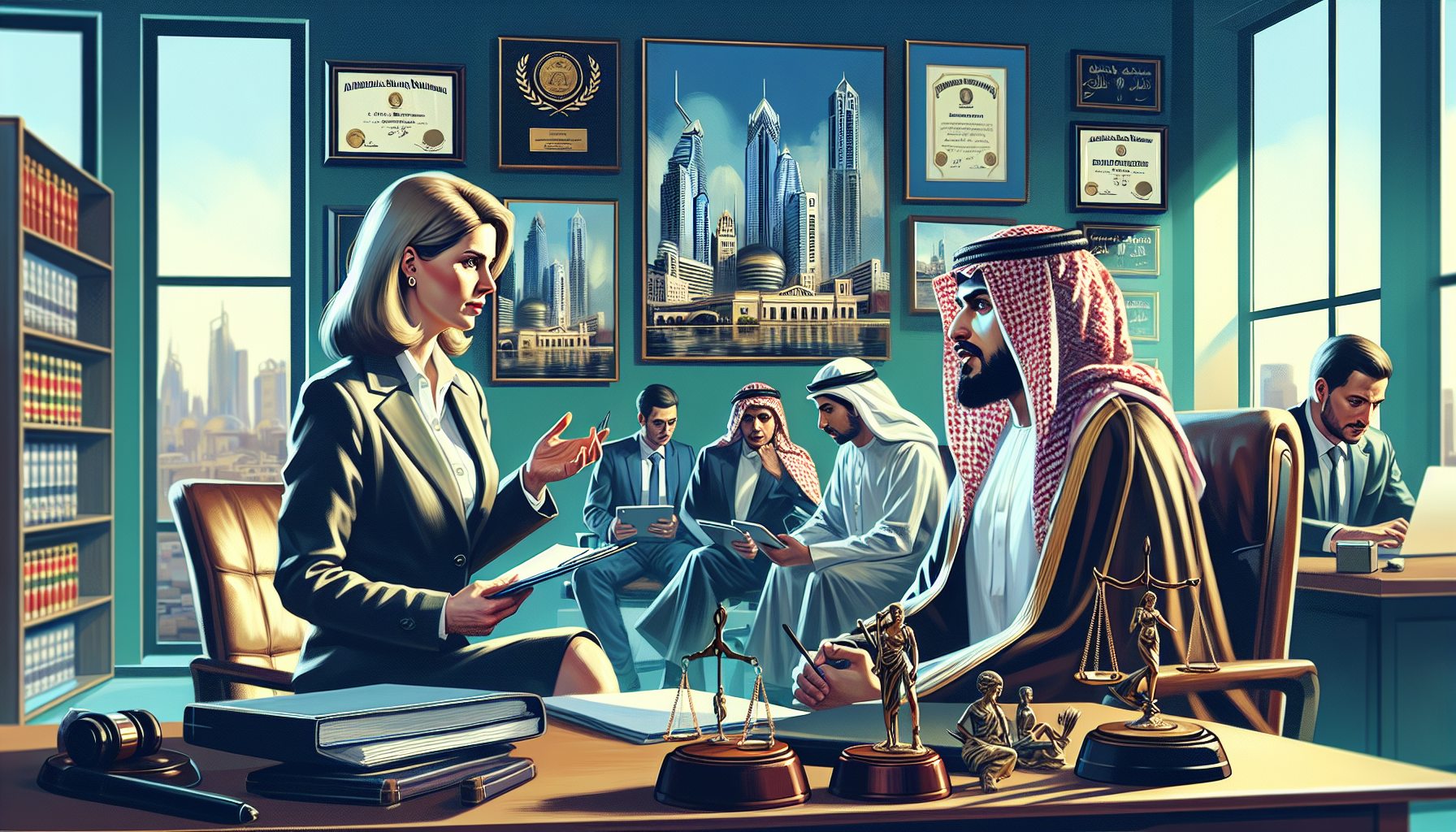 Digital painting of an individual consulting a professional pain and suffering lawyer in a well-organized office, emphasizing the lawyer