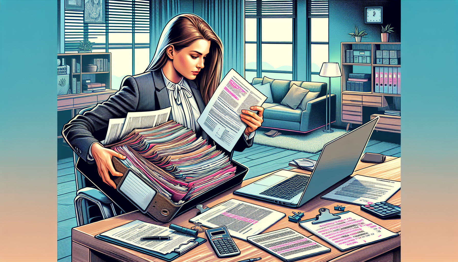 Detailed image of a person organizing a folder full of various legal documents such as medical reports, insurance forms, and a personal diary, sitting at a home office desk with a laptop open to a list of questions to ask a lawyer during an initial consultation, with a calculator and a notepad showing calculations of potential legal expenses.