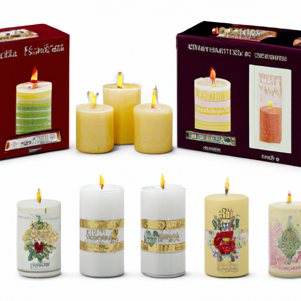 Create an image that showcases a variety of high-quality Christmas candles perfect for a holiday gift set. The scene should feature an assortment of candles made from soy, beeswax, and other materials, each with a distinct holiday-themed design. Include elements like a close-up of candle wax textures, clear labeling of burn time and scent descriptions, and visually appealing displays that highlight the quality and craftsmanship of each candle. The background could depict a cozy, festive setting adorned with subtle holiday decorations, suggesting warmth and elegance. Focus on capturing the essence of artisanal craftsmanship and the essence of holiday cheer in this high-quality candle assortment.