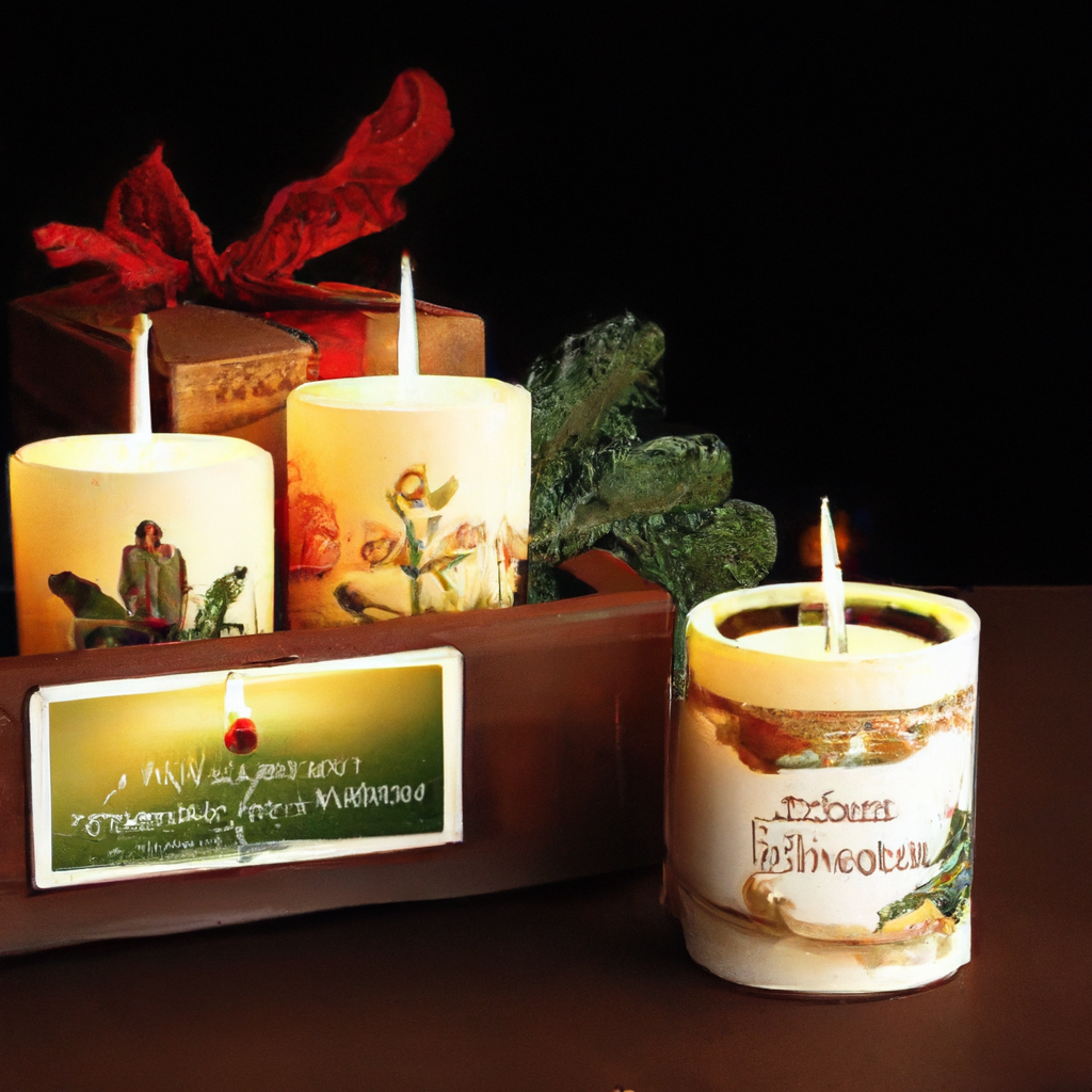 Create a vibrant and festive image showcasing a beautifully arranged Christmas candle gift set, ready for the holiday market. The gift set should include an assortment of elegantly designed candles with labels that glow with Christmas motifs and colors. Capture a scene where these candles are being creatively marketed: a cozy holiday-themed display with lush pine branches, twinkling fairy lights, and a touch of red and gold decor. In the background, a digital screen shows a social media post promoting the candles with engaging taglines. Include floating text bubbles around with keywords like cozy ambiance, festive fragrance, and limited holiday edition, highlighting the marketing focus on unique selling points.