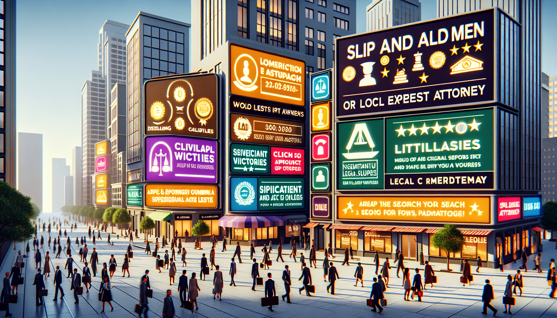 **DALL-E Prompt:**
Create an image in an urban, bustling city street setting, showing a variety of people walking past law firm billboards that advertise different slip and fall attorneys. Each billboard should highlight distinct features such as impressive client testimonials, notable case outcomes, or seals of local bar association approvals. The scene should encompass a sense of the community and the local atmosphere of the city, hinting at the importance of choosing an attorney with local expertise. Integrate glowing reviews visible on digital screens, symbolizing modern online searches and the technological aspect of finding the right attorney today.