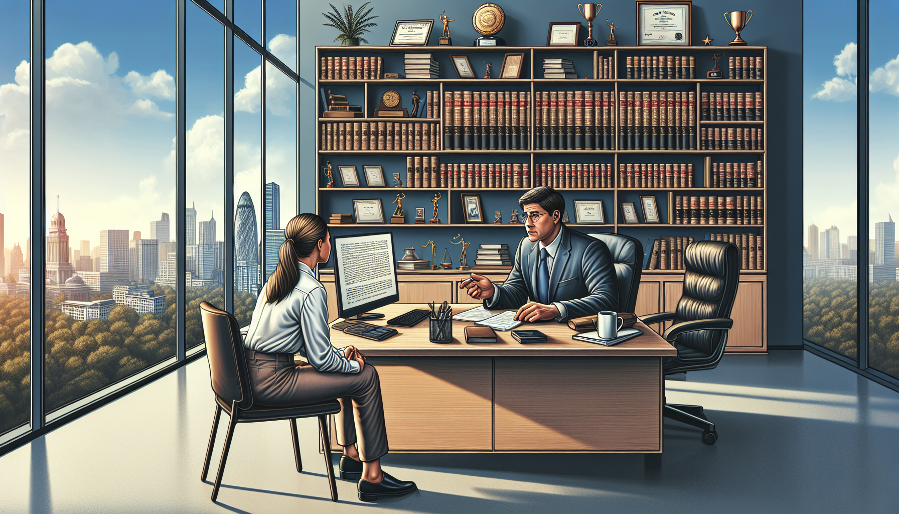 **DALL-E Prompt:** Illustrate a professional and serene law office setting where a potential client is having an initial consultation with an experienced slip and fall attorney. The room contains a large bookshelf filled with legal books, certificates of recognition on the walls, and a tranquil city view from the window. The attorney, a confident middle-aged person with a reassuring demeanor, is listening attentively and taking notes while the client, visibly anxious but hopeful, is explaining their case. Include details like a laptop opened to a legal document, a cup of coffee on the desk, and a clear, sunny day outside to convey a sense of optimism.