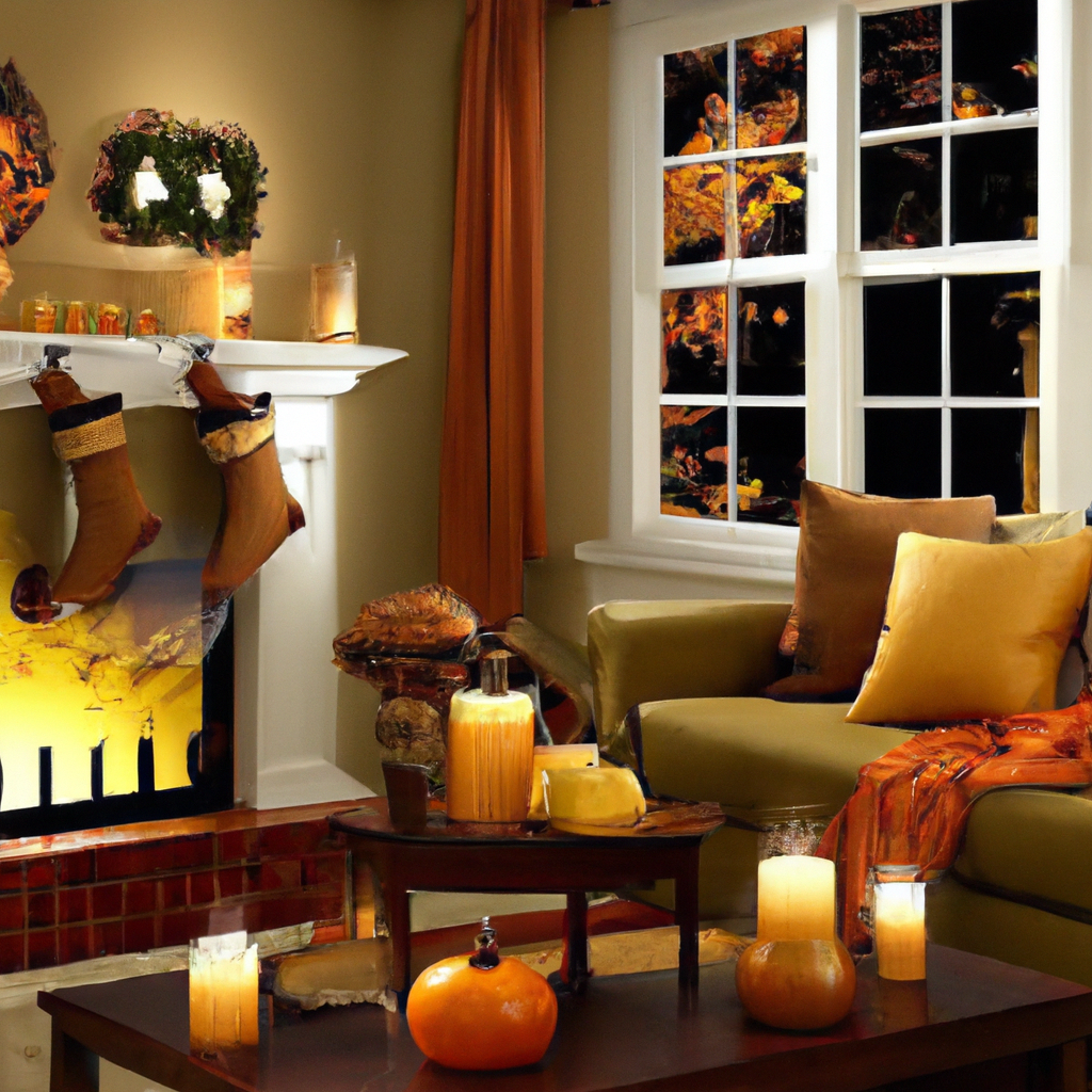 Create an image depicting a cozy, stylish living room showcasing the strategic integration of wireless window candles. The scene features large windows with wireless candles placed on the sills, casting a warm glow that highlights architectural features like crown molding and a vintage fireplace. Seasonal decor elements are woven into the setting, such as autumn leaves on the mantel and a plush, stylish area rug, complementing the candles. The room exudes a welcoming and festive ambiance, illustrating how wireless window candles can be used creatively to enhance different themes and layouts throughout the home.
