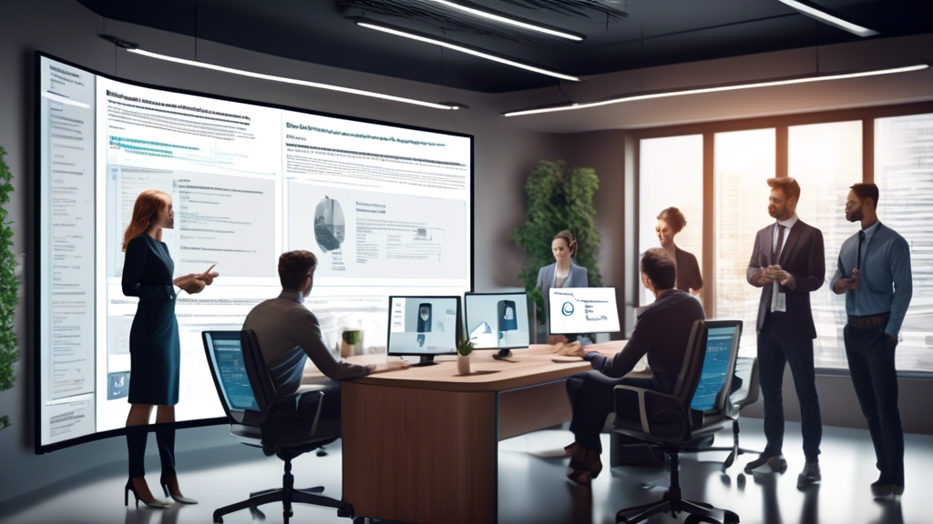 Create an image depicting a modern office setting where a group of professionals are engaged in a detailed discussion about the CALOPPA Privacy Policy. One of the individuals is showcasing a large digital screen displaying key aspects of the policy, such as conspicuous posting requirements, necessary information to be included, and handling Do Not Track signals. The screen is visually divided into sections, each highlighting these mandatory requirements, with flowcharts and bullet points, creating an informative yet engaging environment. The mood conveys focus and collaboration, embodying the critical nature of understanding and complying with the policy for business integrity.