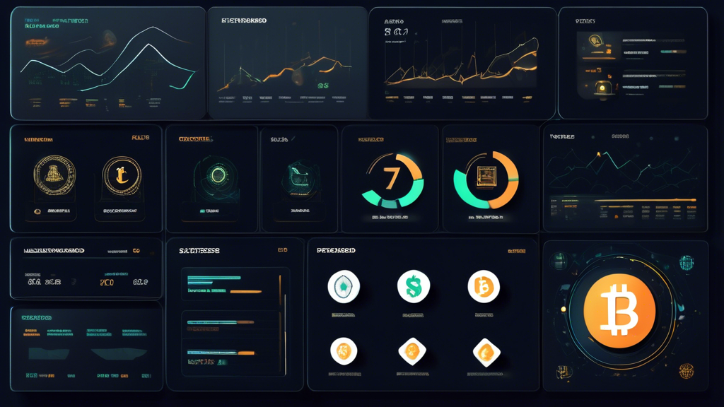 Create an image depicting a futuristic, digital investment dashboard that showcases various cryptocurrency icons and analytical tools. The dashboard should feature graphs and charts indicating market trends, and include elements symbolizing portfolio diversification, such as coins and tokens connected by digital networks. Add an avatar of an investor examining this dashboard, with symbols of security, like shields and locks, subtly integrated in the background to emphasize the legitimacy and safety of investing in trustworthy crypto platforms. The scene should convey a sense of being updated with market trends and demonstrate analytical strategies for successful crypto investments.