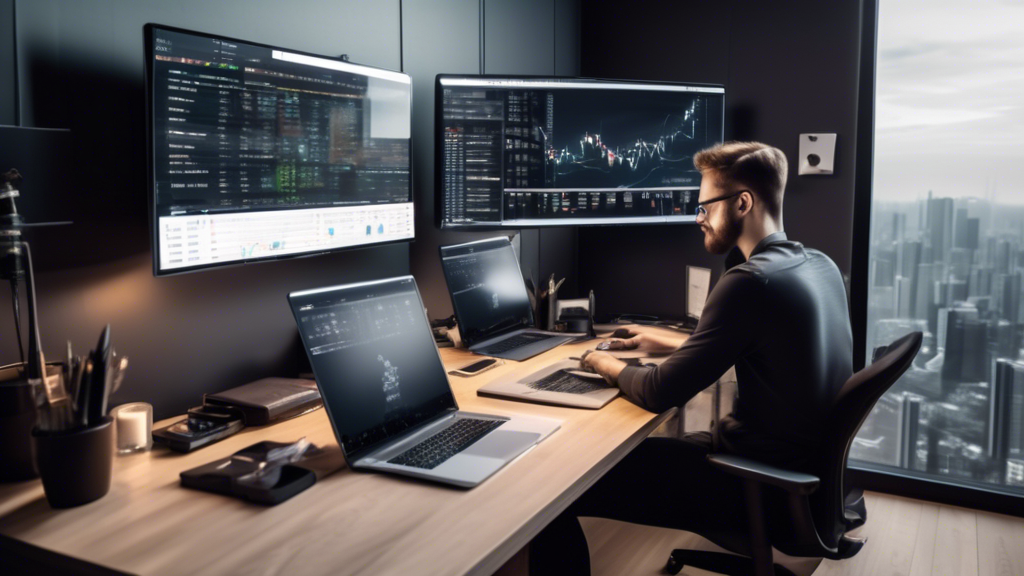 Create an image that illustrates a person diligently researching crypto day trading platforms on multiple screens in a modern home office. The room is filled with various technological gadgets, and there