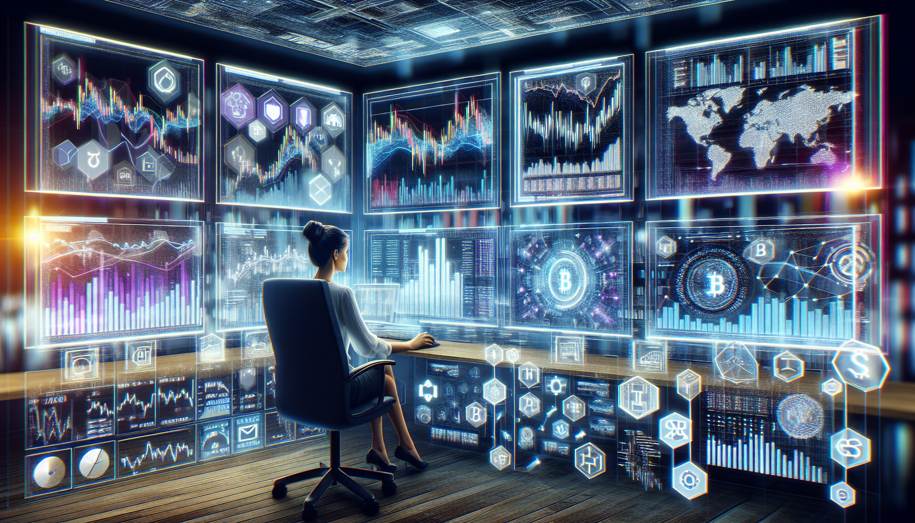 Create an illustrative image showcasing a variety of crypto futures trading strategies. The scene should depict an experienced trader in a modern, high-tech trading room surrounded by multiple digital screens displaying charts, graphs, and cryptocurrency data. The trader is thoughtfully analyzing the screens, showing a moment of deep focus and insight. Include visual elements like a holographic diagram of a futures contract, icons representing different strategies like hedging and speculation, and digital annotations highlighting risk management tips. The setting should convey a sense of cutting-edge technology and strategic thinking, targeting intermediate traders seeking to maximize their profits in the cryptocurrency futures market.