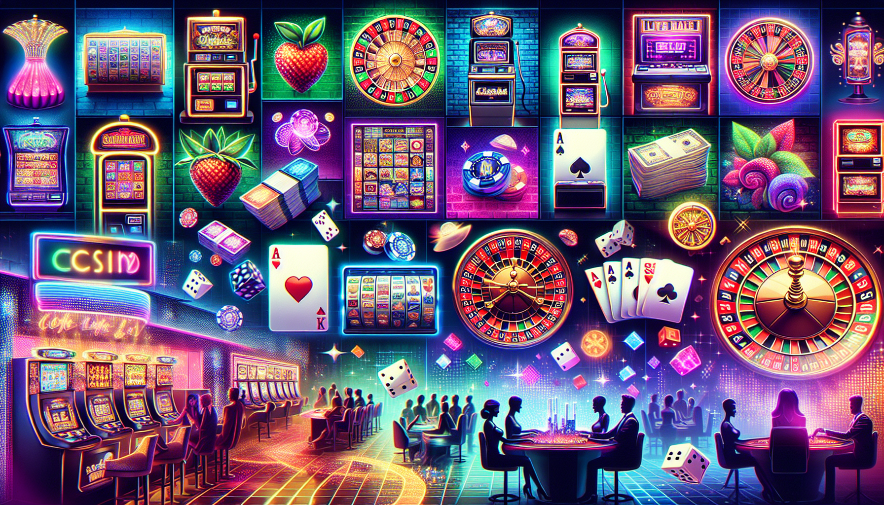 Create an image showcasing a vibrant and diverse selection of games offered at Caesars Online Casino. Include an array of colorful slot machines, engaging table games like blackjack and roulette, and an exciting live dealer setup. Feature logos or icons of renowned software providers subtly integrated into the scene to emphasize high-quality gaming experiences. The atmosphere should convey energy and digital sophistication, capturing the essence of an immersive online casino environment. Keywords: variety, slots, table games, live dealer, software providers, Caesars Online Casino.