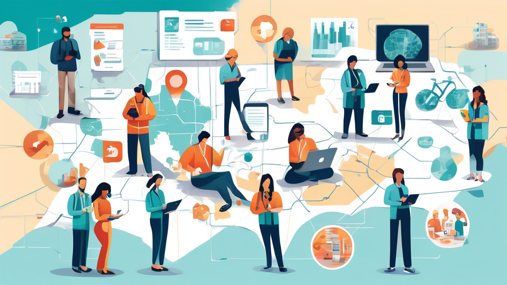 Create an illustration that captures a diverse group of people using various digital devices, such as laptops, smartphones, and tablets, each displaying a different online resource or directory for locating certified CDL medical doctors. The background should include a visually appealing map with location pins, symbolizing the search for nearby doctors. The atmosphere is one of focused determination and collaboration, emphasizing accessibility and the modern technology experts use to find professional services. The overall color scheme should be calming and professional, reflecting trust and reliability in the search process.