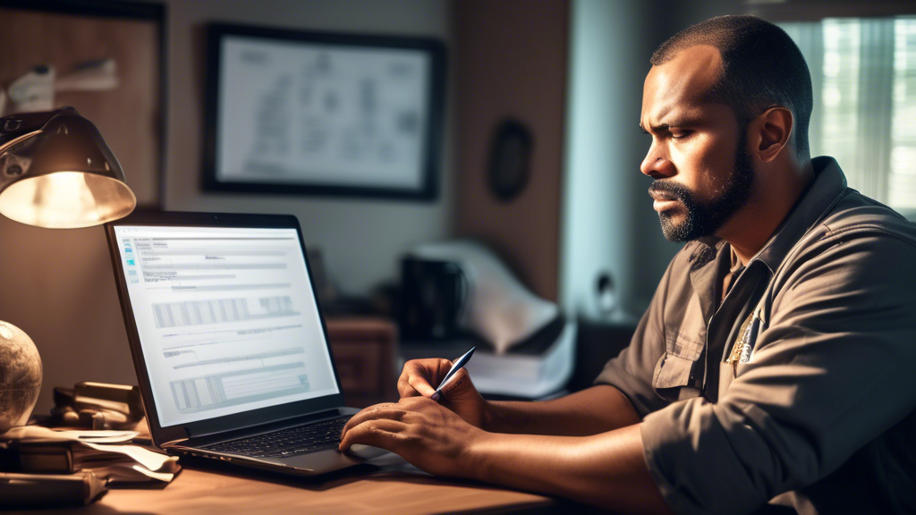 Create an image depicting a commercial truck driver sitting at a desk, preparing for an appointment with a CDL medical doctor. The driver is organizing documents, such as a medical history form and identification. The setting is a cozy home office, with a laptop open displaying websites or directories for locating certified CDL medical doctors. The driver looks focused and slightly anxious, with health-related pamphlets and notes scattered on the desk, highlighting the importance of addressing health concerns before the appointment. The atmosphere conveys a sense of readiness and preparation for the crucial medical examination process.