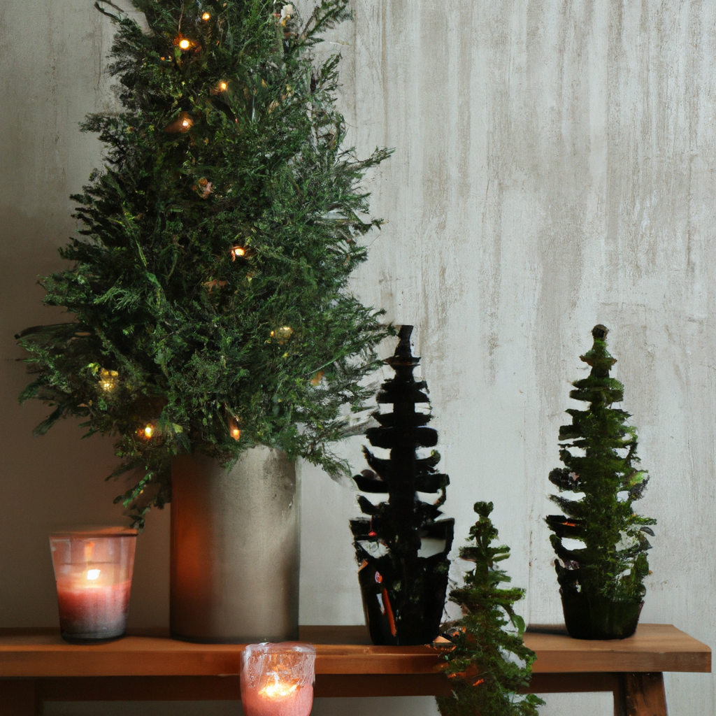 Create an image that showcases a beautifully decorated Christmas tree, incorporating Luminara candles in unique and creative ways. The tree should encompass three distinct themes: rustic, with earthy tones and natural ornaments; modern, featuring sleek, minimalist decorations with metallic accents; and classic, characterized by traditional red and green hues with nostalgic ornaments. Focus on the placement and color coordination of the Luminara candles, illustrating their realistic flicker and how they enhance each theme