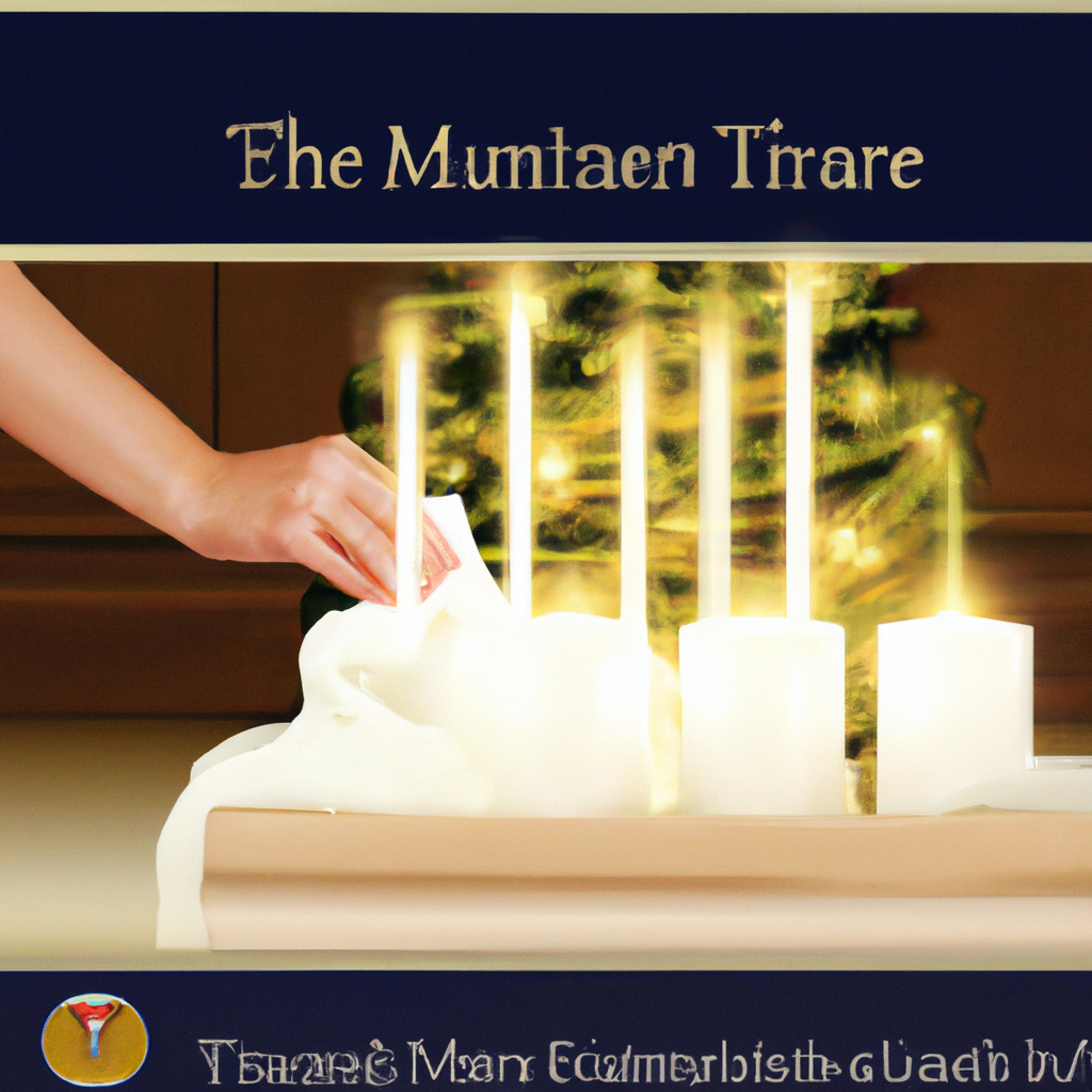 Create an image that illustrates a cozy holiday scene featuring a collection of Luminara Christmas tree candles being carefully maintained. The setting should include a beautifully decorated Christmas tree adorned with the elegant LED candles, casting a warm and realistic flicker throughout the room. Nearby, a person is gently cleaning a candle with a soft cloth while a set of fresh batteries and a small instruction manual lay on the table beside them. The atmosphere should convey a sense of warmth, attention to detail, and a dedication to preserving the holiday spirit, emphasizing the care and longevity of using Luminara candles.