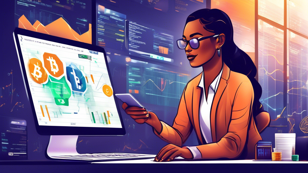 Create an informative and visually engaging illustration that showcases the essential tools and platforms for crypto trading tailored for beginners. Feature a diverse group of individuals (men and women of different ethnicities) seated at their desks, using laptops and mobile devices to navigate cryptocurrency exchanges. Include elements such as charts, graphs, and digital wallets to emphasize the tools used in trading. Incorporate text labels highlighting terms like 