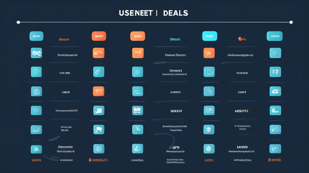 Create an image that visually represents a comparison chart for Usenet deals in 2023. The chart should include various Usenet service providers, showcasing their features, pricing, and special offers. Include icons or symbols to indicate key criteria for evaluation such as speed, privacy, user-friendliness, and customer support. The background should be modern and tech-oriented, reflecting a digital marketplace, with vibrant colors to attract attention. Incorporate a title Top Usenet Deals Comparison 2023 prominently at the top of the image.
