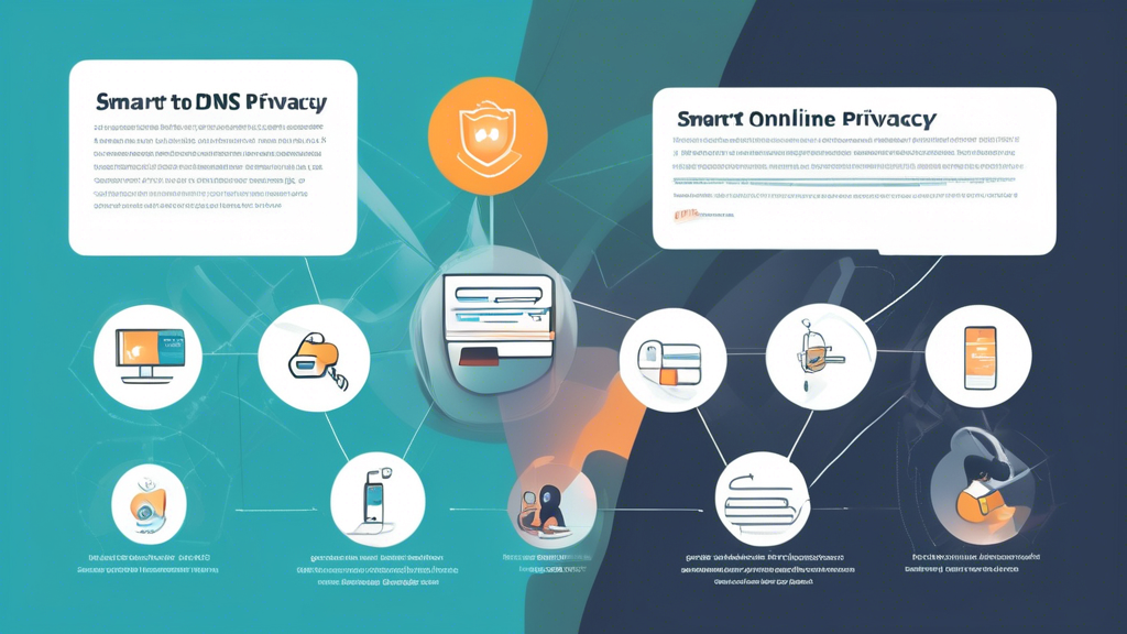 Create an informative and visually engaging illustration that depicts a step-by-step guide to setting up a Smart DNS account for enhanced online privacy. The image should feature a computer screen displaying a website for selecting a Smart DNS provider, with highlighted tips for registration and configuration. Include a variety of devices around the screen, such as a smartphone, tablet, and router, to show the compatibility of Smart DNS setups. Use icons or graphics to represent security, privacy enhancement, and the ease of use associated with the process. Choose a modern and tech-savvy color palette to emphasize the digital aspect of online privacy tools.