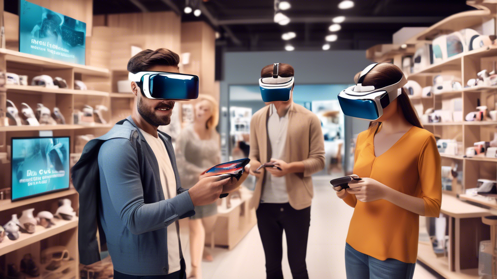 Create an image depicting a bustling retail environment where customers are using augmented reality (AR) glasses to visualize and interact with products before purchasing, while in the background, employees are engaged in virtual reality (VR) training sessions. The scene should capture the dynamic integration of AR and VR technologies, illustrating their transformative impact on retail and e-commerce, with digital overlays showcasing product details and VR headsets facilitating immersive training. This innovative setup highlights the futuristic landscape of business strategies shaped by AR and VR.