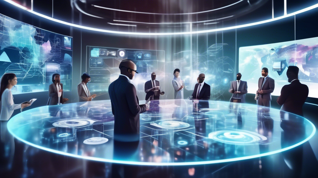 Create an image that depicts a futuristic business landscape scene where augmented reality (AR) and virtual reality (VR) technologies are seamlessly integrated into everyday business operations. In the foreground, a group of diverse business professionals are in a strategic planning session, utilizing holographic AR displays to map out trends and opportunities on a virtual backdrop of global business data. In the background, incorporate elements of VR technology, such as immersive virtual training simulations and virtual commerce environments, highlighting how these technologies are being used to address current technological challenges and enhance future business strategies. The scene should convey a sense of innovation, collaboration, and the transformative power of AR and VR in shaping the business world.