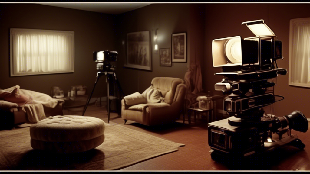 Create an intriguing image that illustrates the evolution of reality adult entertainment. The scene should depict a timeline that visually transitions from the early days of amateur filmmaking to modern professional productions. On the left side, portray a dimly lit room with a vintage camcorder capturing a candid, unscripted scene reminiscent of early homemade videos. As the timeline moves to the right, seamlessly transform the setting into a more sophisticated, well-lit studio with high-tech cameras and professional lighting, symbolizing the polished nature of current productions. Incorporate subtle elements, like a computer screen showcasing a streaming interface, to highlight the role of the internet and technological advancements in broadening the genre’s reach and accessibility.