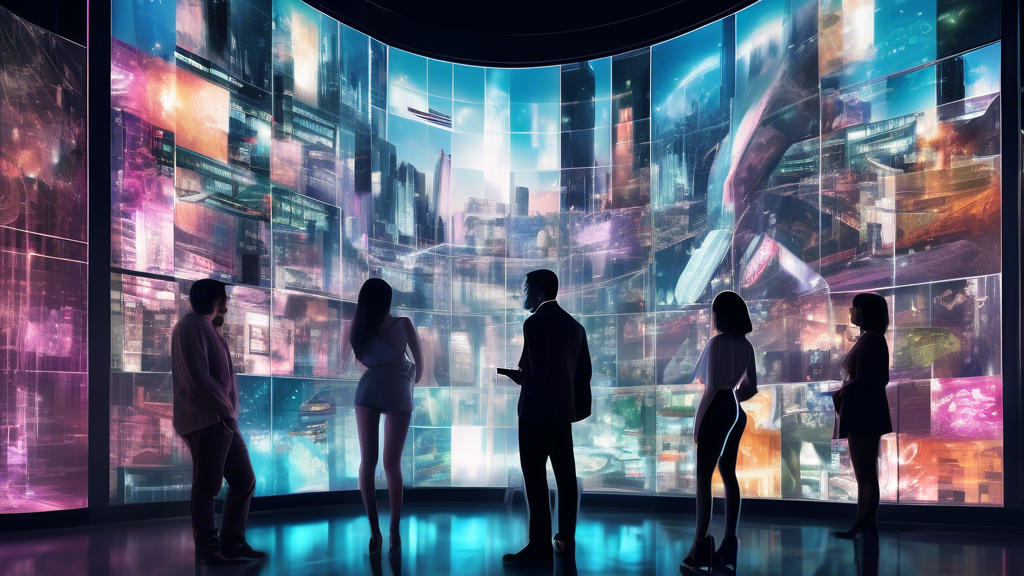 Create an image depicting a symbolic representation of the influence of reality adult entertainment on viewer consumption and industry trends. The scene should feature a futuristic, abstract cityscape made of interconnected digital screens displaying snippets of reality adult content, representing its omnipresence and influence. Include figures of people interacting with the screens, highlighting varied reactions, from curiosity to deep contemplation. In the background, incorporate a subtle debate table with shadowy silhouettes engaged in discussion, symbolizing the ongoing ethical considerations and societal debates surrounding the genre. The overall mood should be thought-provoking, blending realism with modern digital aesthetics. Keyword: reality adult.