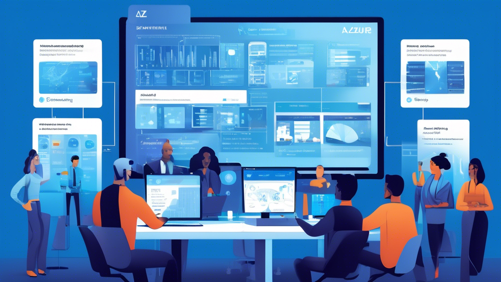Create an illustration depicting a professional IT team gathered around a digital dashboard displaying Azure Sentinel in action. The scene should showcase diverse team members collaborating to implement best practices for Azure Sentinel, with visual elements highlighting a step-by-step guide for setup, effective tips, and diagrams or graphs representing successful implementations. The environment should be a modern office setting, illustrating a blend of technology and teamwork, with screens reflecting cloud security themes and data analysis.