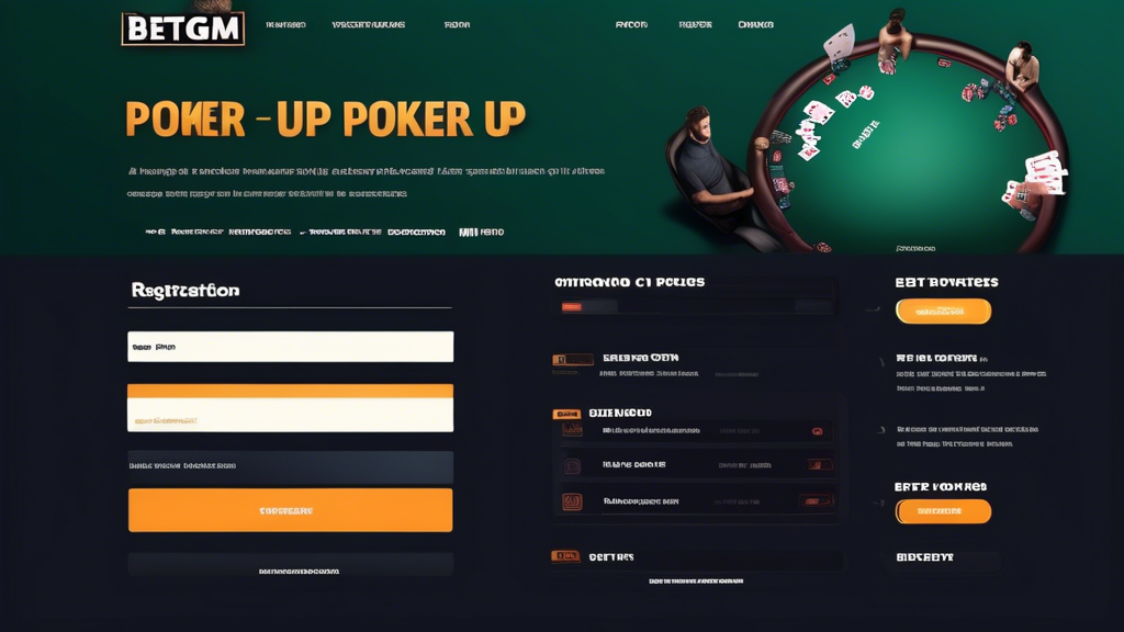 Create an image that illustrates the process of signing up and creating an account on BetMGM Poker. The scene should show a computer screen displaying the BetMGM Poker registration page, with visible fields for entering personal information. Include elements such as a checklist featuring Step-by-Step Guide, Verification Process, and Welcome Bonuses. The background should be inviting and convey a sense of excitement about joining an online poker platform. Incorporate the BetMGM logo prominently, and ensure the overall aesthetic has a clean, user-friendly look, appealing to beginner players.