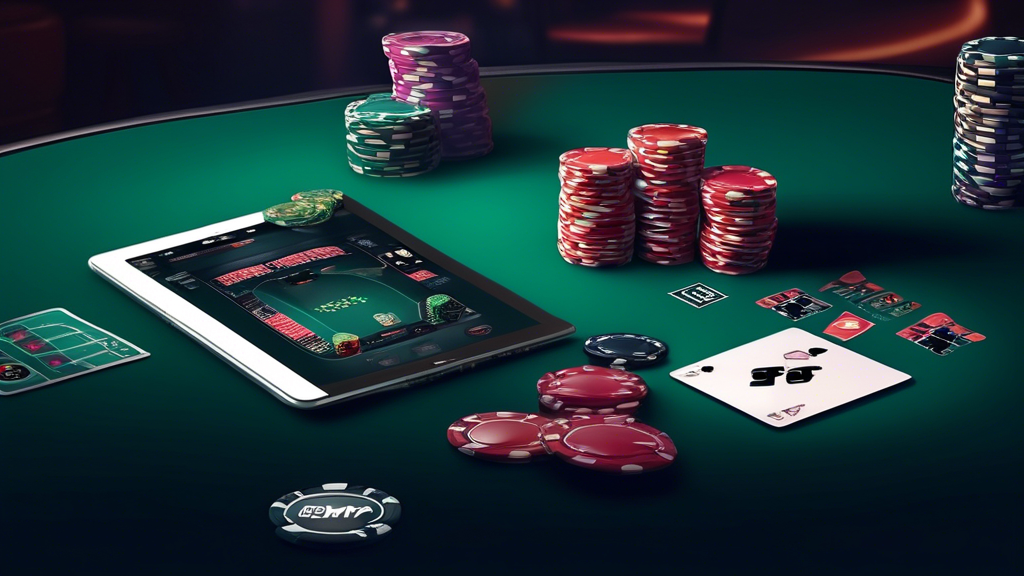 Create an image that illustrates Essential Tips for Playing on BetMGM Poker. The scene should depict a beginner-friendly poker environment, showcasing a digital poker table with vibrant graphics of poker cards and chips. Include a laptop or tablet displaying the BetMGM Poker interface, emphasizing how to navigate the platform. In the background, integrate visual elements representing basic poker strategies such as a strategy chart, responsible gaming symbols (like a check mark and a clock), and engaging game graphics. Use a warm color palette to create an inviting and friendly atmosphere for new players.