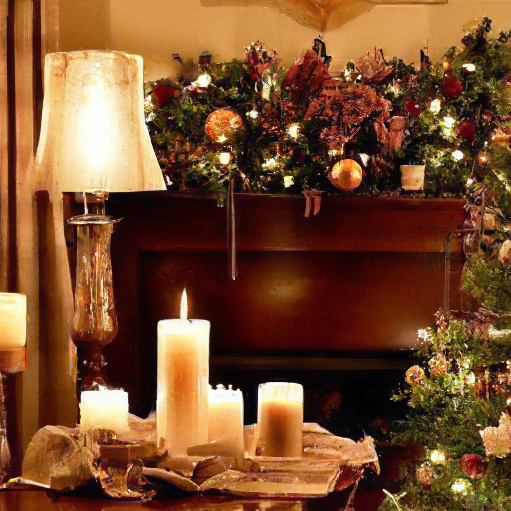 Create an image that showcases a creatively decorated living room filled with an array of Christmas smelling candles. The scene should include a festive centerpiece on a coffee table, featuring a trio of candles with elegant holders surrounded by pine cones and cinnamon sticks. Above the fireplace mantel, display a mix of candles in varied heights and styles, complemented by lush garlands and golden ornaments. In the corner of the room, place a cozy bathroom setup with candlelit shelves, softly glowing lanterns, and festive towels, all contributing to an inviting and cohesive holiday atmosphere. The image should radiate warmth and charm, capturing the spirit of Christmas through the strategic, decorative use of candles.