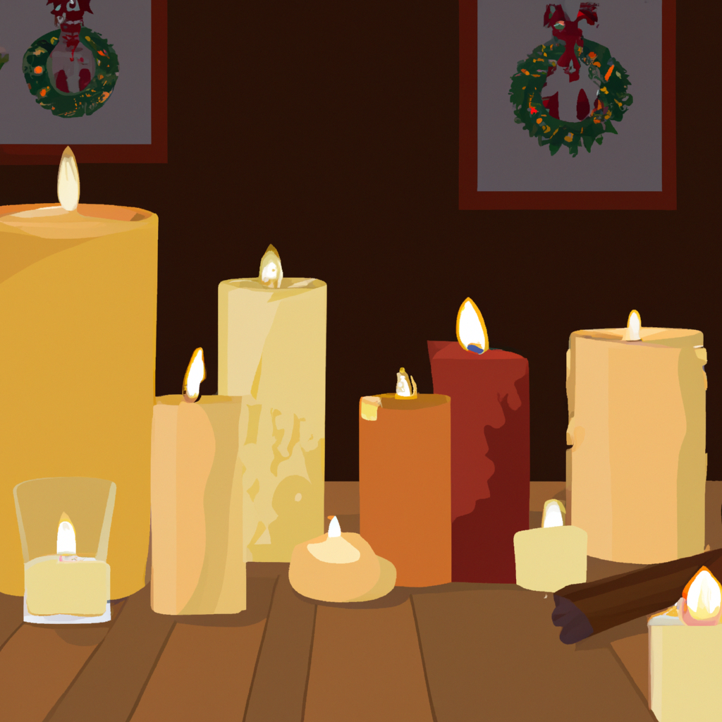 Create an image of a cozy living room during the holiday season, softly illuminated by a warm glow from an array of Christmas smelling candles. The scene shows candles with scents such as pine, cinnamon, and vanilla placed strategically throughout the room. Capture the psychological and emotional benefits of these candles by illustrating a sense of nostalgia and relaxation, with subtle hints of complementary elements like gentle holiday music playing in the background, a soft blanket draped over the couch, and twinkling fairy lights. This immersive festive atmosphere highlights how these aromatic candles enhance the holiday spirit and promote well-being and relaxation during the busy season.