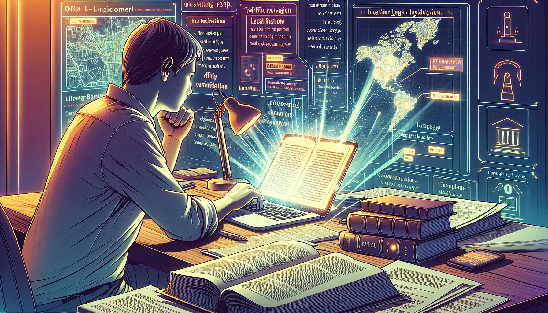 DALL-E prompt: A visually detailed digital artwork depicting a person diligently researching on their laptop in a cozy home office. The screen displays a glowing map pinpointing various law firms in the vicinity. Nearby, printed out pages from online legal directories and lists of client testimonials are spread out across the desk. The background subtly incorporates elements like traffic law books and a local city map, emphasizing familiarity with regional regulations.