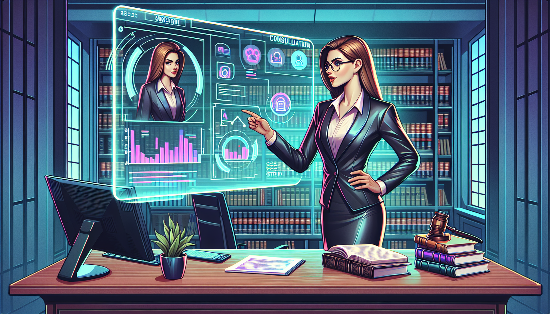 Portrait of a confident rear end collision lawyer standing in a modern law office, surrounded by legal books and a computer showing a graph of his success rates in cases. The lawyer is in mid-conversation, explaining a strategy to an unseen client, with a notepad filled with consultation questions and a timeline for case resolution visible on the desk.