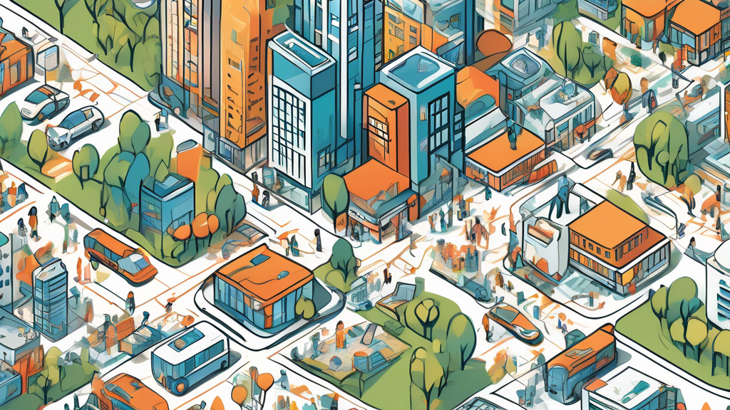 Create an image that showcases a bustling cityscape with markers highlighting clinics and health facilities. Each marker is labeled with key factors such as Certified, Close Proximity, Affordable, and Highly Rated. In the foreground, include a diverse group of people using laptops and smartphones, searching for driver physical near me on digital maps and reviews sites. This visual should convey the process of finding a convenient and reliable driver physical location, emphasizing factors like certification, proximity, cost, and reputation. Ensure that the theme of convenience and technology in locating local services is prevalent.