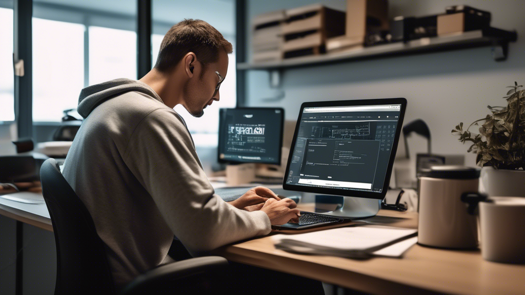 Create an image of a person sitting at their computer, with a thoughtful expression, typing cdl medical card physical near me into a search engine. The room around them is filled with subtle hints of their profession, such as a model truck on the desk, a wall calendar with truck routes, and a coffee mug with a highway logo. The computer screen displays search results with map pointers and directory listings of CDL medical exam providers. Include small, visible logos for the FMCSA National Registry to highlight certified options. The overall ambiance should convey the ease and practicality of finding local CDL physical exam providers online.
