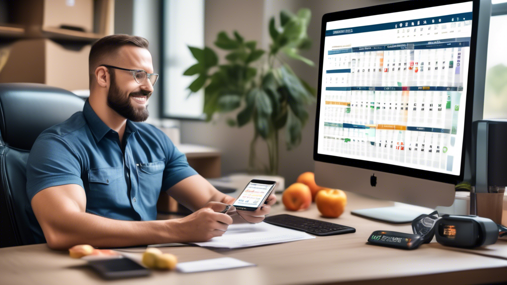 Create an image depicting a busy commercial truck driver sitting at a desk with a computer and a calendar. The screen displays a website interface where the driver is scheduling an appointment for a CDL Medical Card Physical. Surrounding them are various health-related items such as a fitness tracker, healthy snacks, and a glass of water, symbolizing lifestyle adjustments. The calendar shows a date circled for the physical exam, and paperwork and a checklist are visible, emphasizing preparation. The background includes images of trucks and road signs, connecting to the trucking profession.