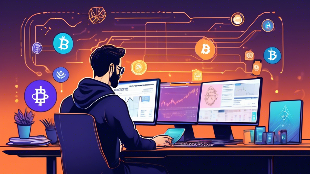 Create an image that visually represents a comprehensive guide for securely buying cryptocurrencies without verification. The scene shows a person sitting at a desk with a computer displaying a crypto exchange platform on the screen. On the desk, there are open notebooks with handwritten tips and safety precautions. Around the person are various visual symbols of cryptocurrency like Bitcoin and Ethereum logos, digital locks, and warning signs, emphasizing the importance of security and awareness of potential scams. The background is an abstract representation of a digital network, symbolizing the decentralized nature of cryptocurrency trading.