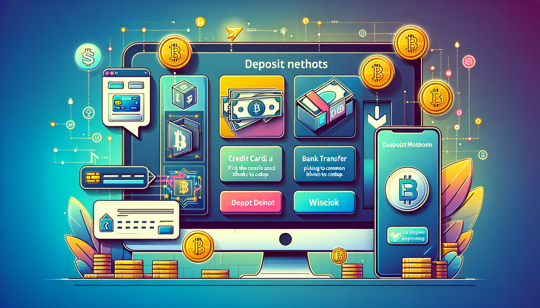 Create an image that visually represents the process of depositing funds on the Crypto Binance platform. The scene should include a digital wallet displaying cryptocurrency and fiat currency options on a computer or smartphone screen with the Binance logo subtly incorporated. The screen should show various deposit methods, such as credit card, bank transfer, and crypto transfer icons, each linked to a digital wallet symbol. Include text pop-ups with tips on choosing the safest and most cost-effective deposit options, and a warning sign highlighting common mistakes to avoid. The overall style should be modern and tech-savvy to resonate with cryptocurrency traders.