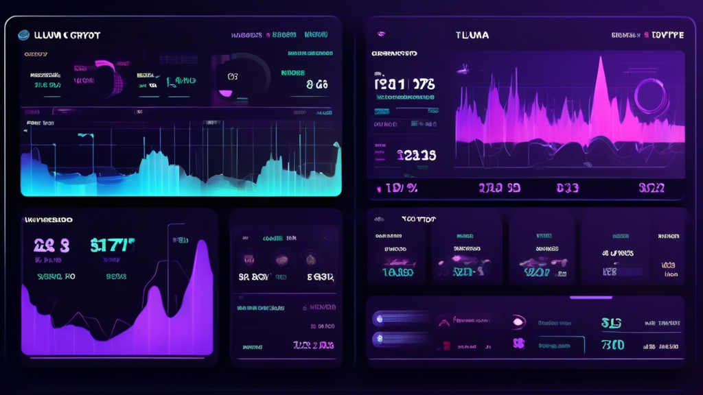 Create an image depicting a futuristic digital dashboard that displays the latest updates and market analysis of Luna Crypto, as reported on Yahoo Finance. The dashboard includes dynamic charts and graphs showing significant price changes and market predictions, alongside a scrolling ticker of expert analysis and investor sentiment. The background features abstract financial motifs, with subtle references to cryptocurrency and Yahoo Finance, illustrating a cutting-edge blend of technology and market insights.