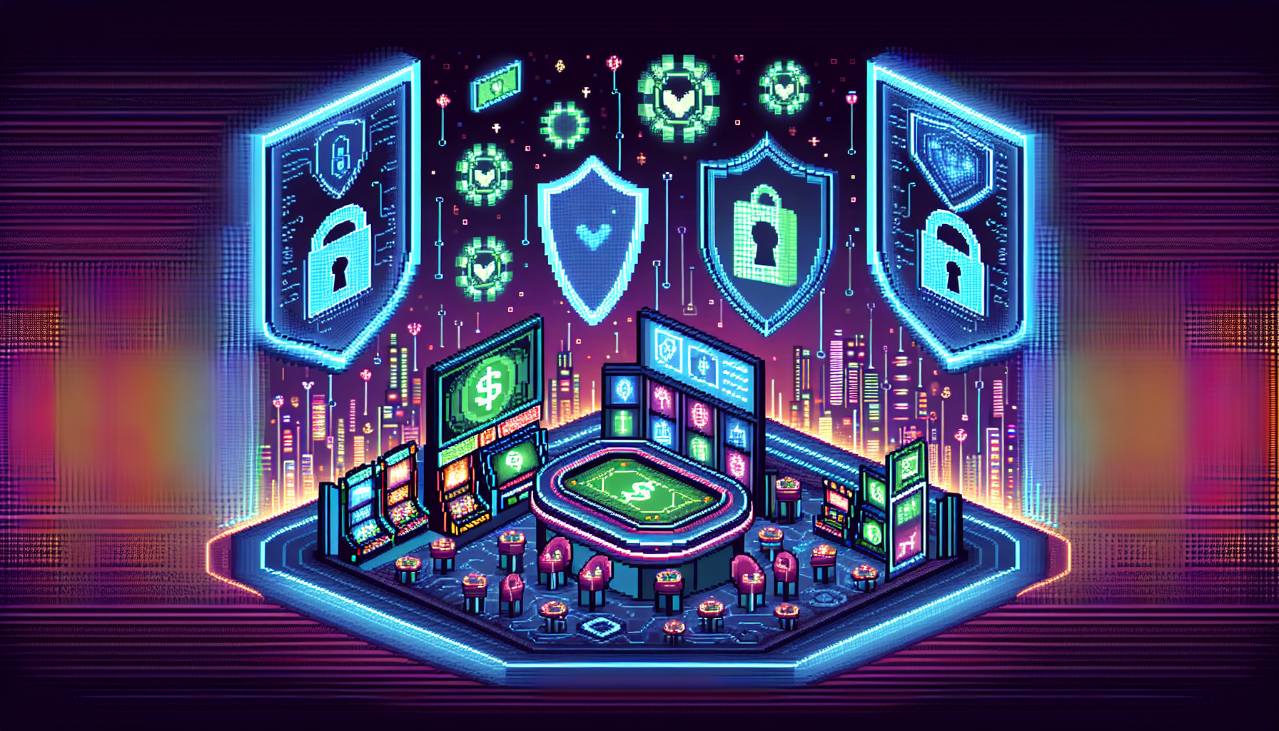 Create an image depicting a futuristic online gambling environment showcasing top-tier security features. The visual should include a digital landscape with floating holographic displays of lock symbols and shields, representing encryption and security. Integrate subtle elements of a bustling virtual casino, with a mix of traditional and digital games in the background. Include abstract representations of regulatory compliance symbols like badges or certifications subtly integrated into the scene, highlighting the importance of safety and trust. Use a color palette that suggests a high-tech and secure atmosphere. Keywords: safe gambling websites, secure online gambling, gambling site licensing.