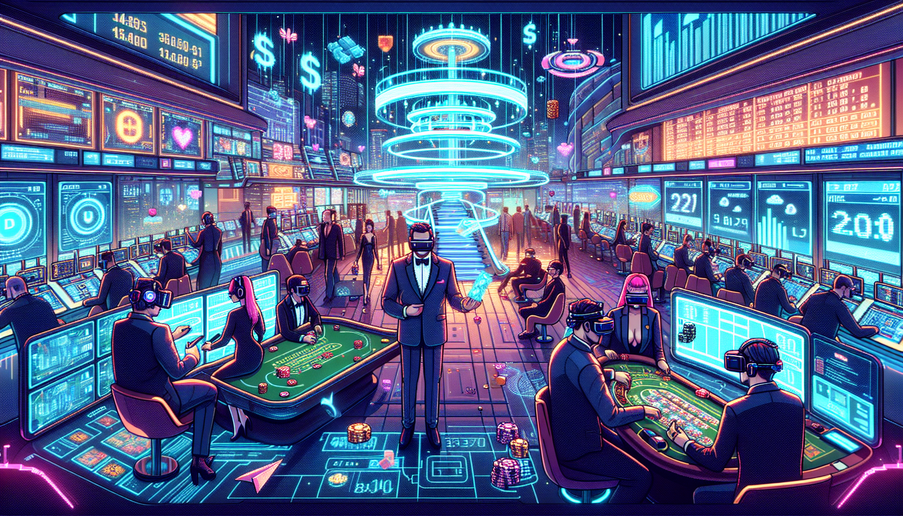 Create an image depicting a futuristic online gambling experience in 2023, featuring a sophisticated VR casino environment. Include vibrant details that showcase players using virtual reality headsets and interacting with animated, lifelike dealers and other players. Highlight cutting-edge technology with immersive 3D graphics, holographic displays of games and stats, and an intuitive mobile gaming app interface. The scene should convey a sense of innovation and excitement as it captures emerging trends in online gambling, such as real-time social interaction and advanced personalization features. Tailor the aesthetic to a sleek, modern design that embodies the future of gambling websites. Keywords: online gambling trends 2023, innovative gambling websites, VR casinos.