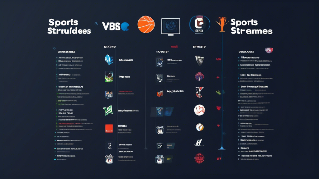 Create an image depicting a comparison chart of various sports streaming services, highlighting their price structures and value for money. Include icons representing different sports like soccer, basketball, and tennis, along with distinctive logos or symbols for several notable streaming platforms. The chart should show comparisons of subscription costs, available sports, and transmission quality in an engaging, easy-to-read format. Emphasize discounts and free trial periods with vibrant color codes or annotations, illustrating the varied offerings in an informative yet visually appealing manner.