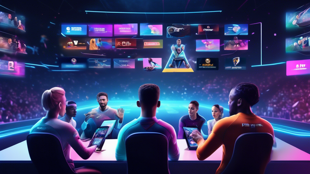 Create an image that visually represents the decision-making process for choosing the best sports streaming service. The scene is a dynamic, digital landscape showcasing a variety of streaming service options, each represented by a futuristic holographic interface displaying unique features, sports content, and pricing details. In the foreground, a diverse group of sports fans is engaged in the selection process, each studying the holograms through AR glasses. The background subtly hints at emerging trends and innovations in sports streaming, such as AI-driven personalized recommendations and virtual reality game viewings. The overall tone is tech-savvy and forward-thinking, reflecting the evolving world of sports entertainment.